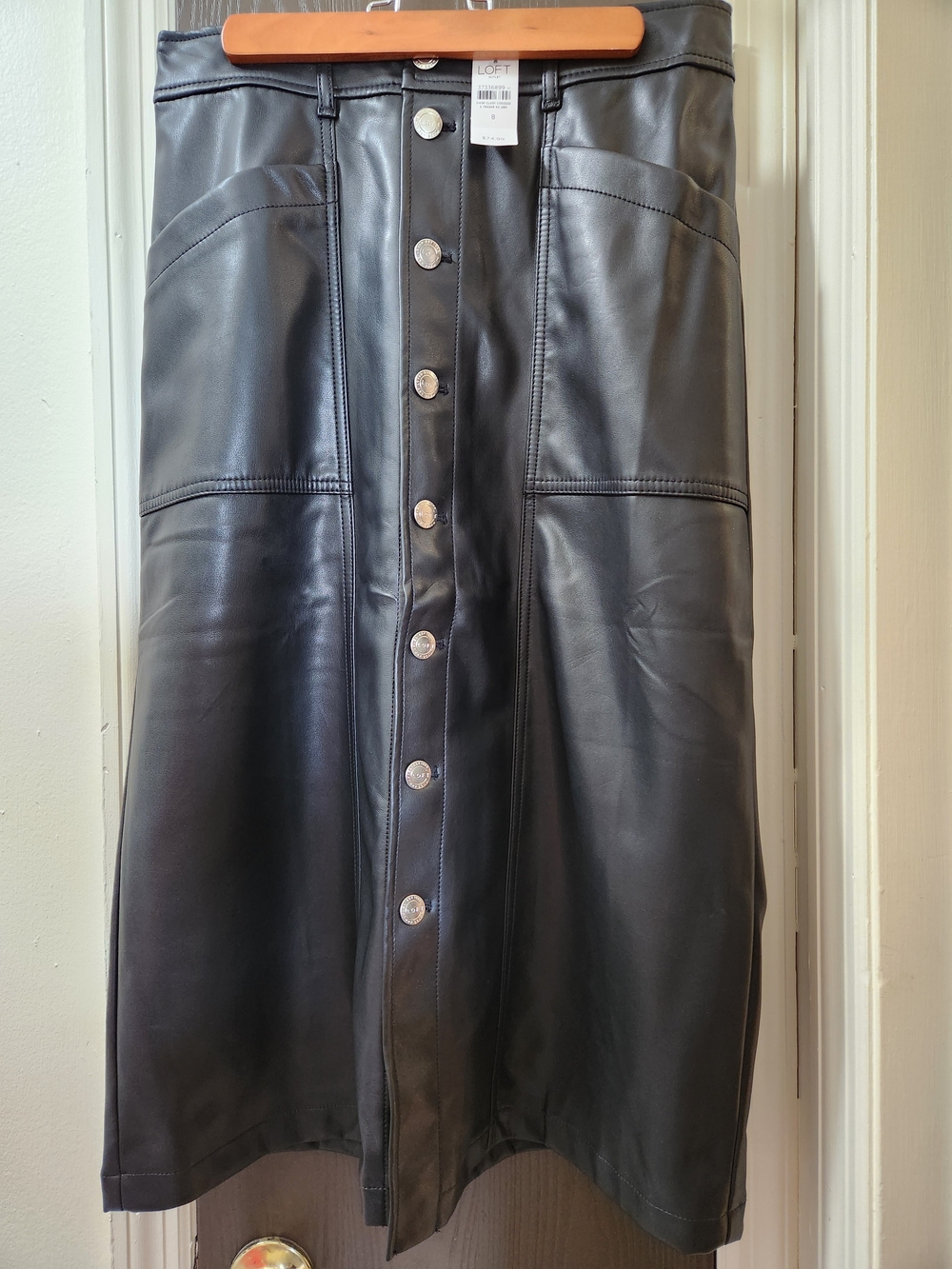LOFT Black Faux Leather Button Front Skirt With Pockets